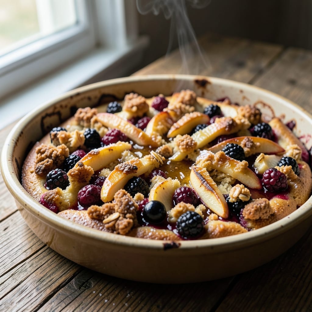 Apple and Blackberry Crumble Cake Recipe: Warm Spice Crunch Over Juicy Fruit